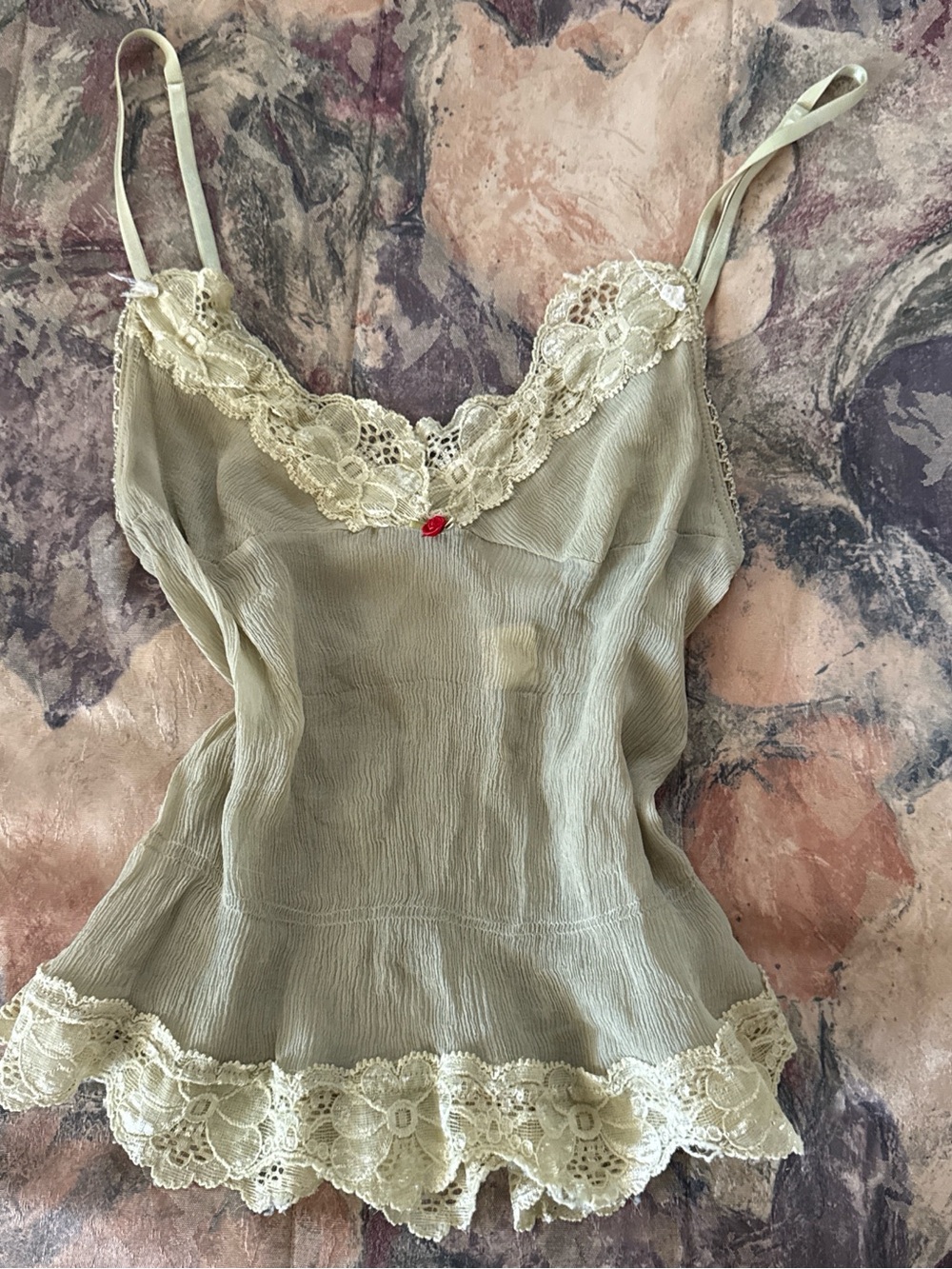 Silk-Look Lace Trim Cami Top in Sage Green